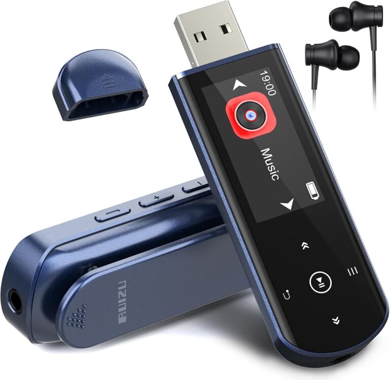 Lettore MP3 RUIZU X80 blu a forma di chiavetta con presa USB, schermo e clip