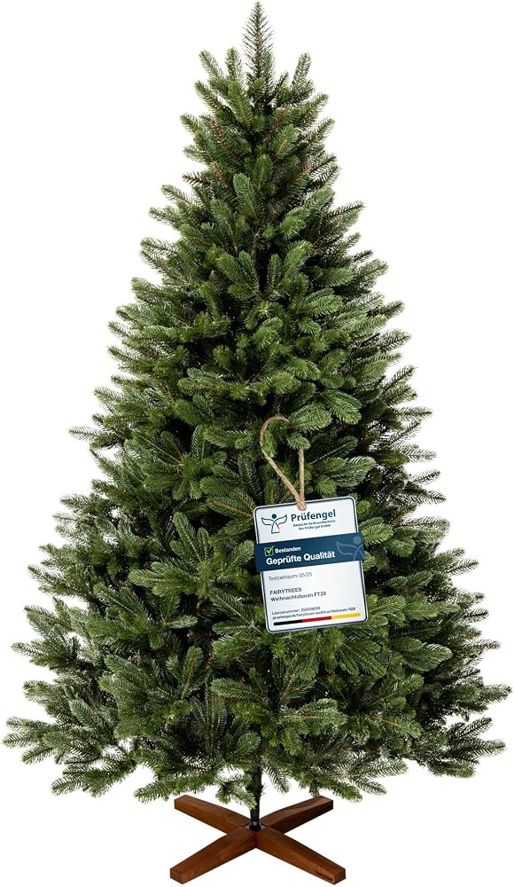 Albero di Natale FairyTrees Nordmann Premium verde con supporto a croce in legno