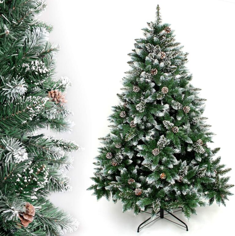 Albero di Natale Yorbay con punte innevate e pigne, dettaglio dei rami