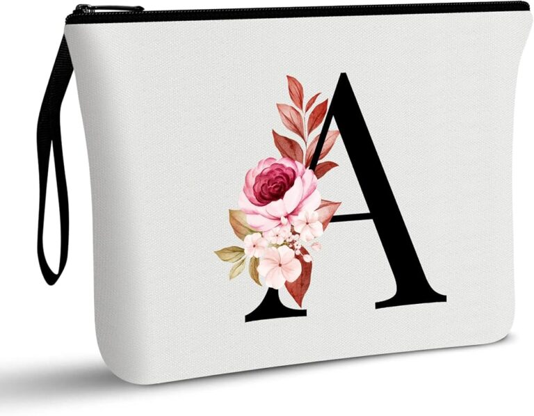 Beauty case bianco in tela con lettera A nera e fiori rosa, chiusura a zip