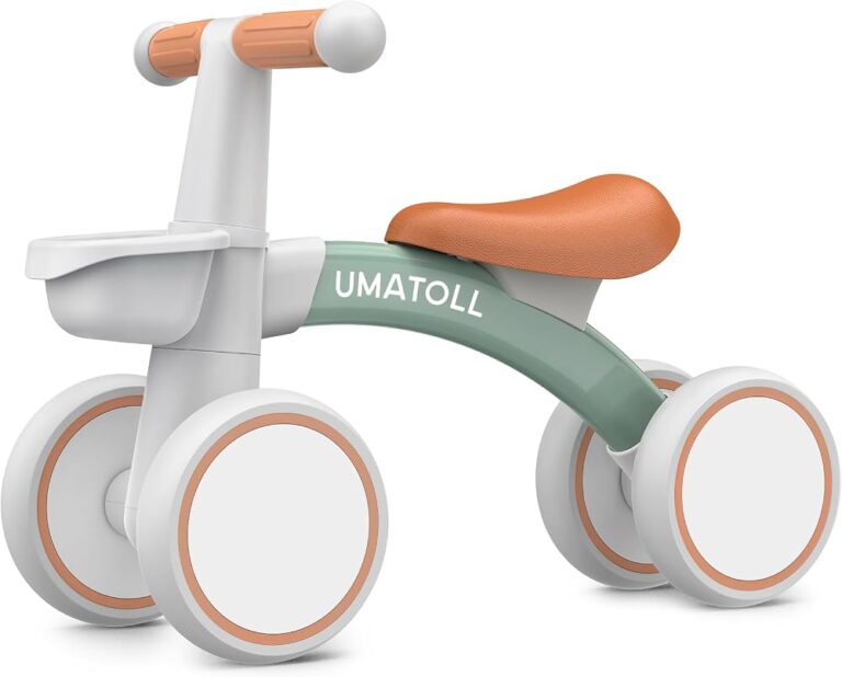 Bici senza pedali Umatoll verde salvia a 4 ruote con sellino marrone e cestino