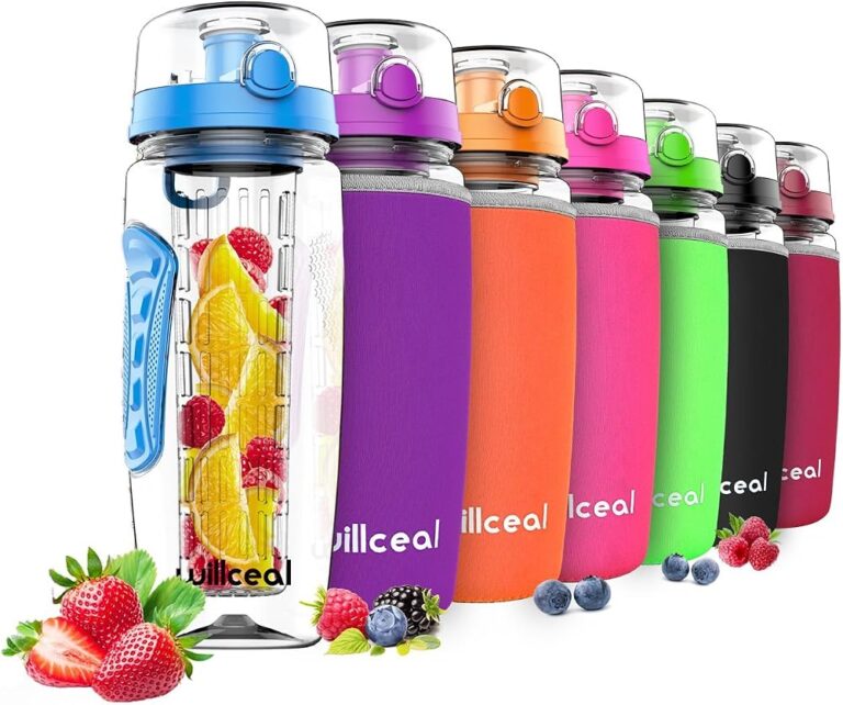 Borracce Willceal da 946 ml in vari colori, una trasparente con infusore pieno di frutta