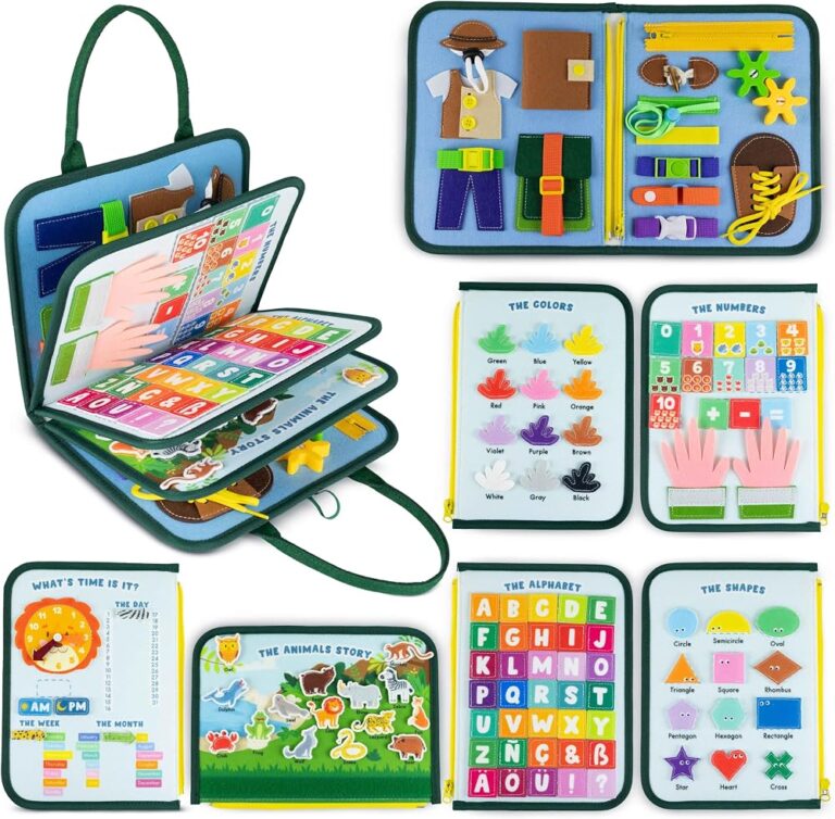 Busy board Montessori BONNYCO in feltro a forma di valigetta con pannelli di colori, numeri e lacci
