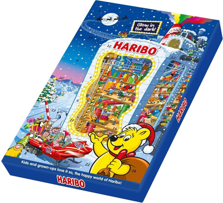 Calendario dell'Avvento Haribo 2026, confezione blu con l'orsetto d'oro