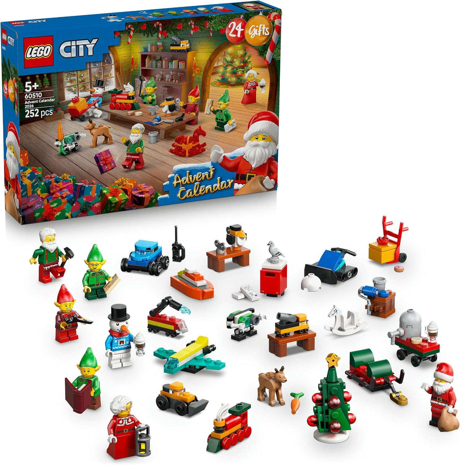 Calendario dell'Avvento LEGO City 2026 60510: scatola con laboratorio di Babbo Natale e minifigure, elfi e mini modelli