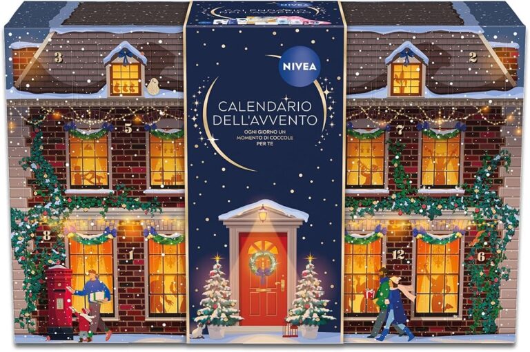 Calendario dell'Avvento NIVEA Beauty 2026 a forma di casa natalizia con finestre illuminate