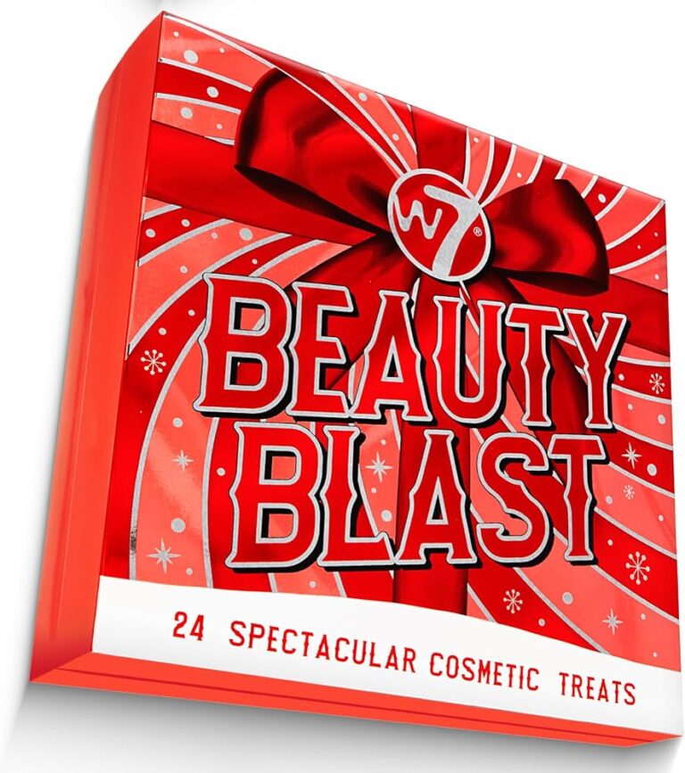 Calendario dell'Avvento trucchi W7 Beauty Blast 2026, scatola rossa con fiocco