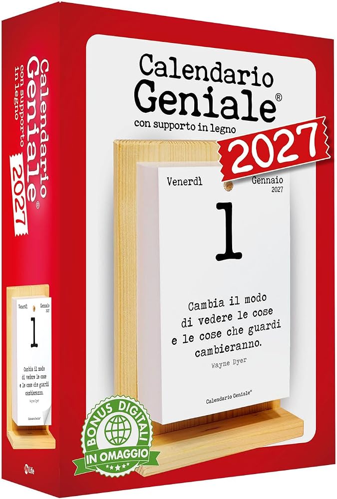Calendario Geniale 2027 con scatola rossa e calendario a fogli sul supporto in legno