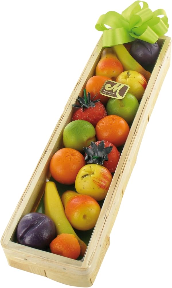 Cestino in legno con frutta di marzapane Odenwald colorata e fiocco verde