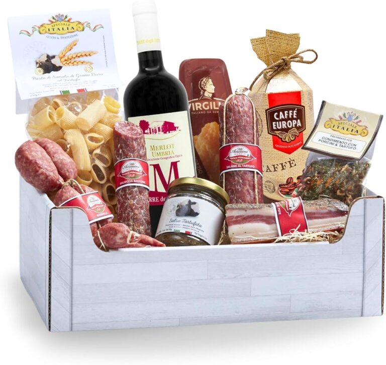 Cesto natalizio Speciale Italia in cassetta bianca con salumi, pasta, vino rosso, sugo e caffè
