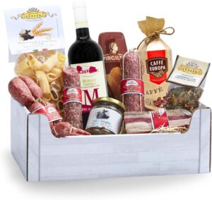 Cesto natalizio Speciale Italia in cassetta bianca con salumi, pasta, vino rosso, sugo e caffè