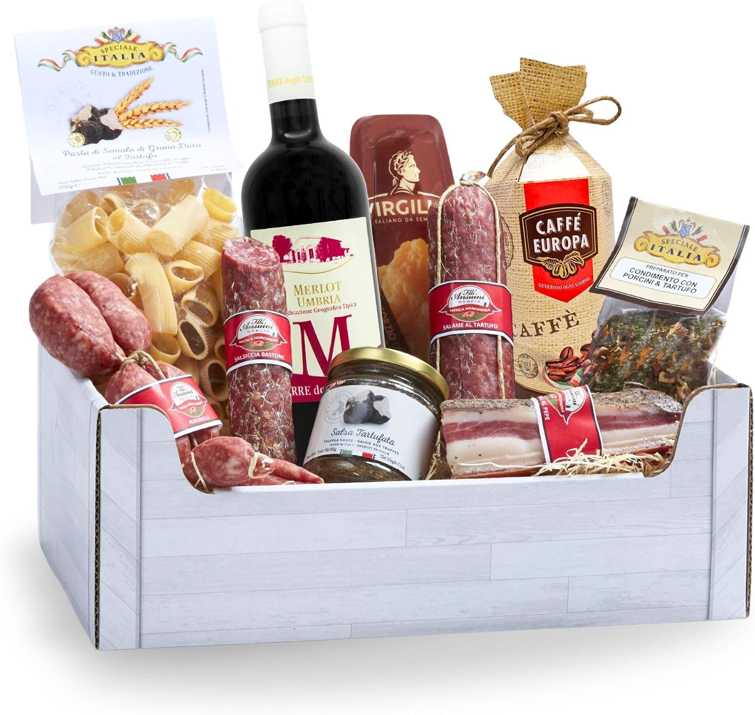 Cesto natalizio Speciale Italia in cassetta bianca con salumi, pasta, vino rosso, sugo e caffè