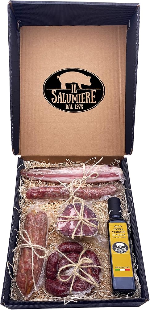 Scatola regalo Il Salumiere con salami umbri, salsicce secche e bottiglia di olio extravergine