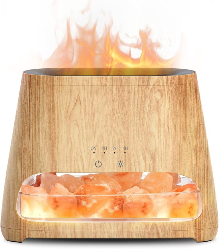 Diffusore di oli essenziali SALKING effetto legno chiaro con vapore a fiamma e sale rosa dell'Himalaya