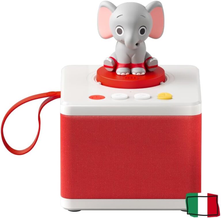 Cassa FABA Raccontastorie rossa e bianca con il personaggio sonoro elefantino sopra
