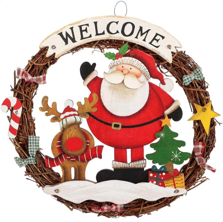 Ghirlanda natalizia COM-FOUR in rami intrecciati con Babbo Natale, renna e scritta Welcome