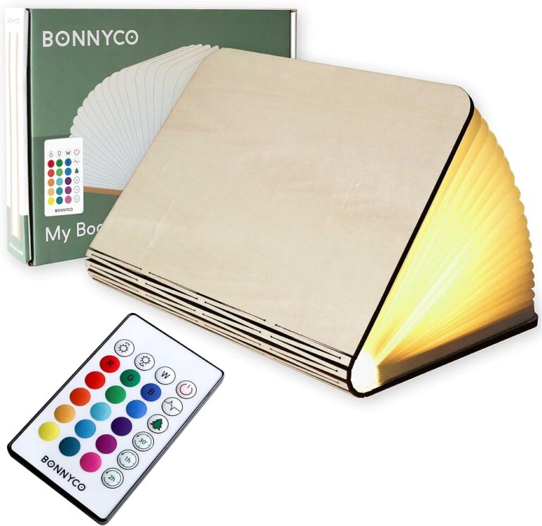 Lampada libro LED BONNYCO in legno aperta con luce calda e telecomando a colori
