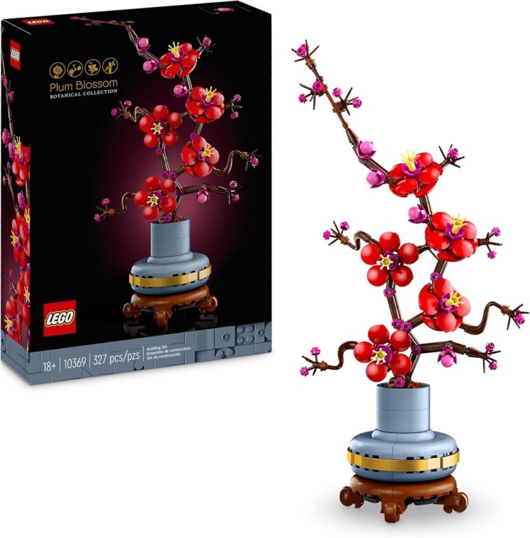 Set LEGO Botanicals Prugno giapponese 10369 con scatola e ramo con fiori rossi in vaso azzurro