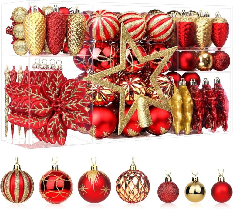 Set SHareconn di palline di Natale rosse e oro con stella puntale e fiori decorativi