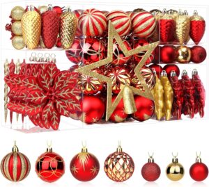 Set SHareconn di palline di Natale rosse e oro con stella puntale e fiori decorativi