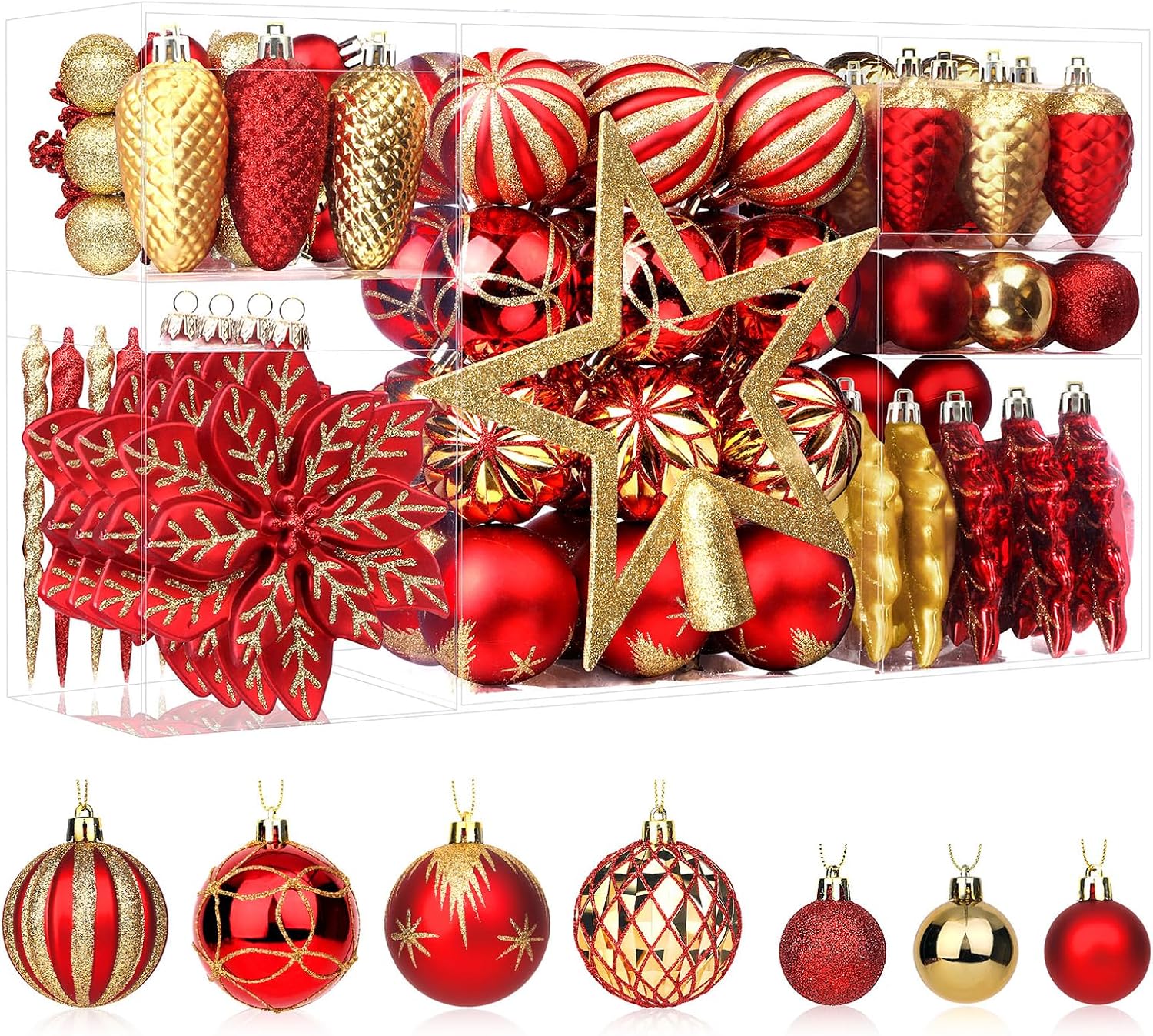 Set SHareconn di palline di Natale rosse e oro con stella puntale e fiori decorativi