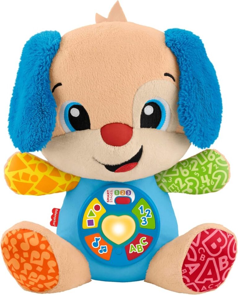 Peluche Fisher-Price Cagnolino Smart Stages con orecchie blu e pancia con pulsanti colorati