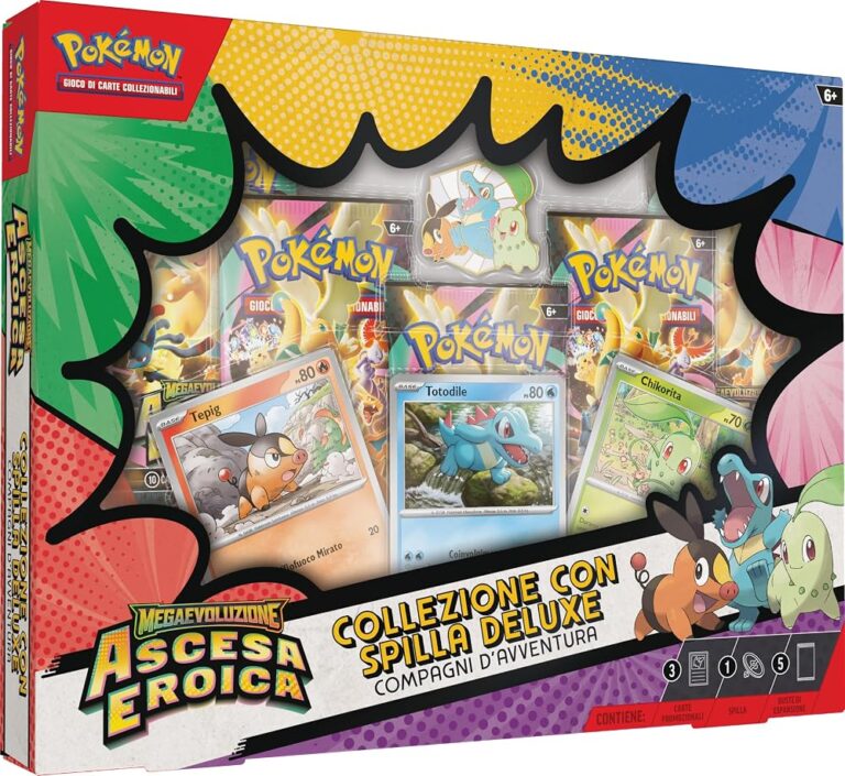 Collezione Pokémon con spilla deluxe Compagni d'avventura, tre carte promozionali e cinque buste Ascesa Eroica