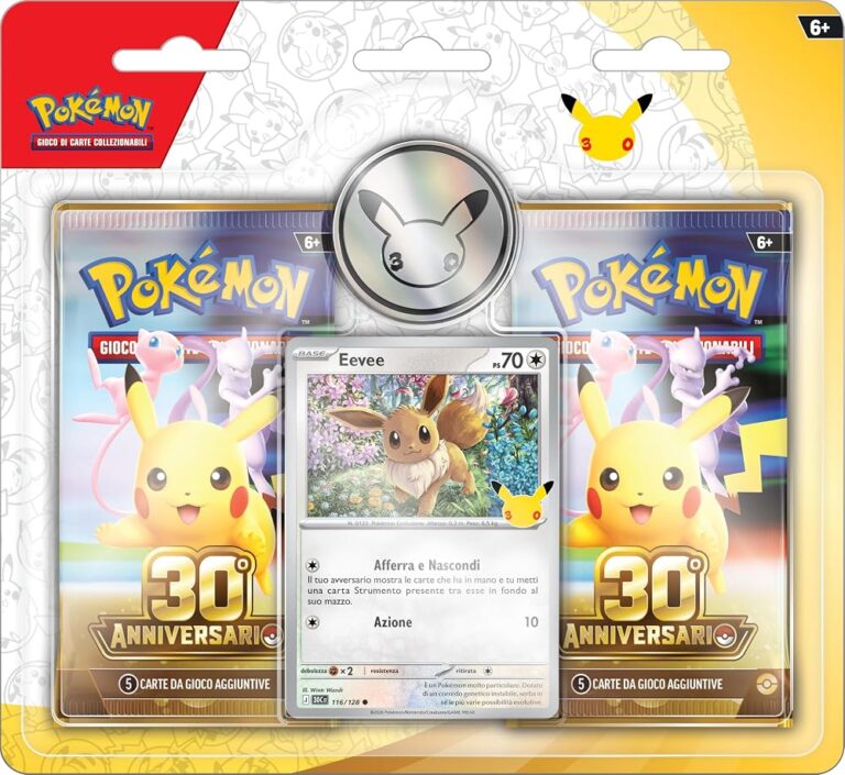 Confezione Pokémon da due buste dell'espansione 30° Anniversario con carta olografica di Eevee e moneta