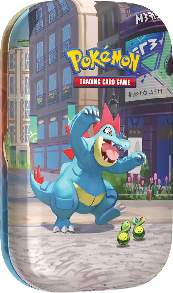 Miniscatola da collezione Pokémon Luminopoli con Feraligatr e Budew, due buste e adesivo