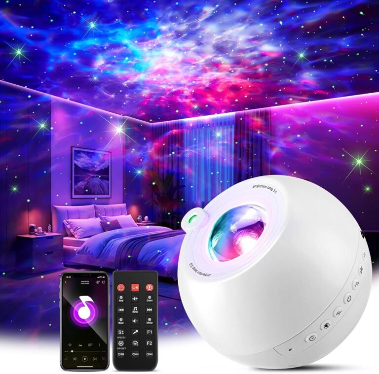 Proiettore di stelle One Fire bianco con telecomando e cielo stellato proiettato su soffitto e pareti