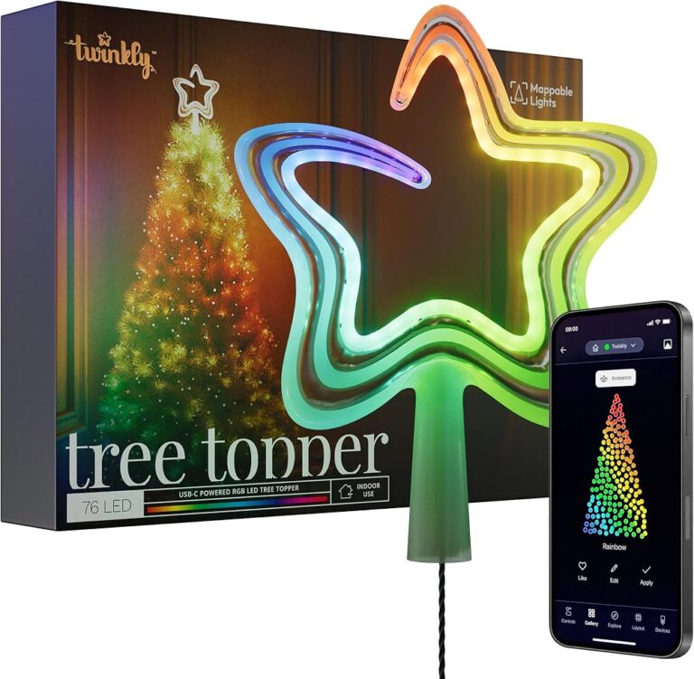 Puntale a stella Twinkly con tubo LED multicolore, confezione e app sullo smartphone