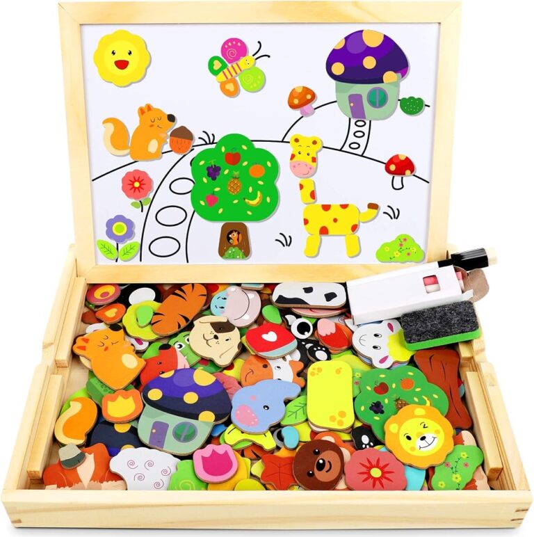 Puzzle magnetico in legno Jojoin con lavagna, alberi, funghi e animali magnetici nella scatola