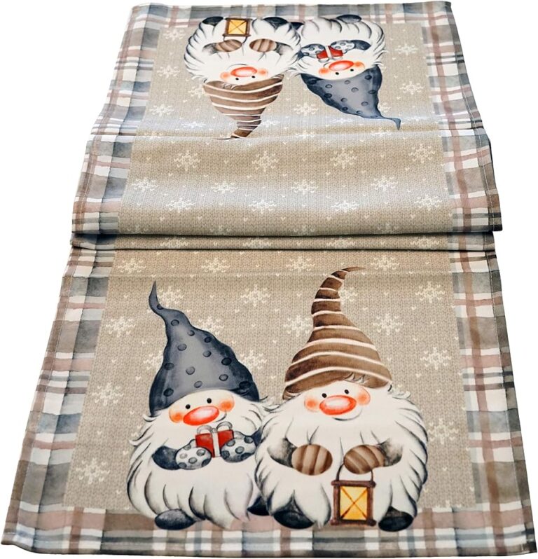 Runner da tavola khevga beige a quadri con due gnomi natalizi