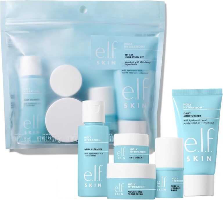 Set skincare e.l.f. SKIN Jet Set Hydration Kit: busta trasparente con cinque prodotti azzurri in formato viaggio