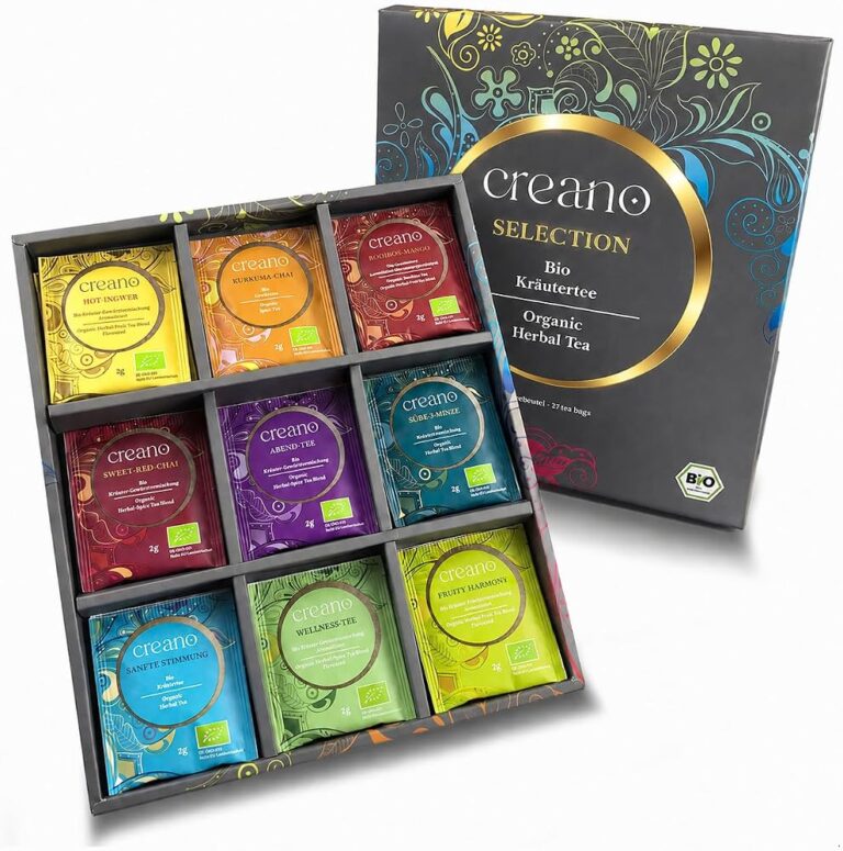Cofanetto Creano Selection aperto con 9 scomparti di tisane biologiche colorate