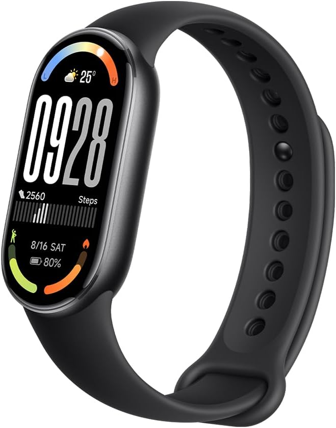 Smartband Xiaomi Smart Band 10 nera con display AMOLED che mostra ora e passi