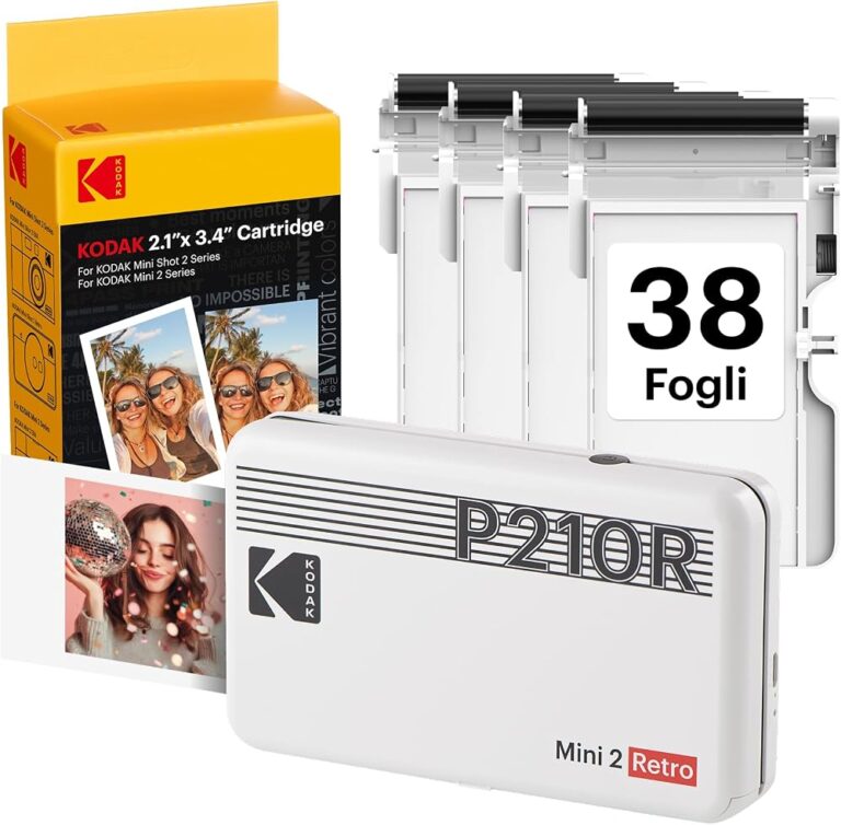 Stampante fotografica portatile Kodak Mini 2 Retro bianca con cartuccia e confezione da 38 fogli