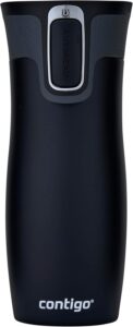 Tazza termica Contigo West Loop Autoseal nera opaca con pulsante di chiusura sul coperchio
