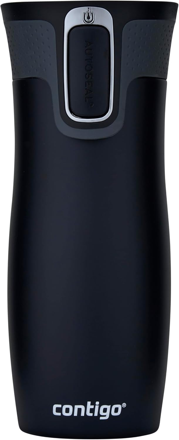 Tazza termica Contigo West Loop Autoseal nera opaca con pulsante di chiusura sul coperchio
