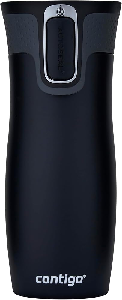 Tazza termica Contigo West Loop Autoseal nera opaca con pulsante di chiusura sul coperchio
