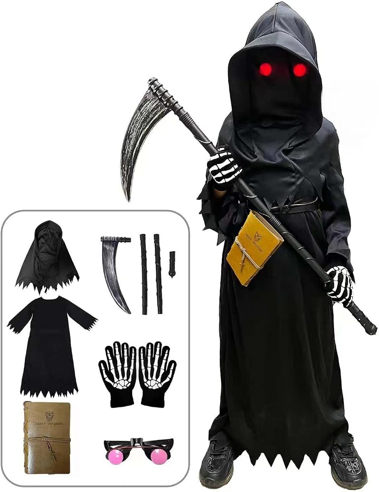 Costume di Halloween da mietitore per bambini Tosekry con tuta, cappuccio, occhiali luminosi, falce, guanti e quaderno